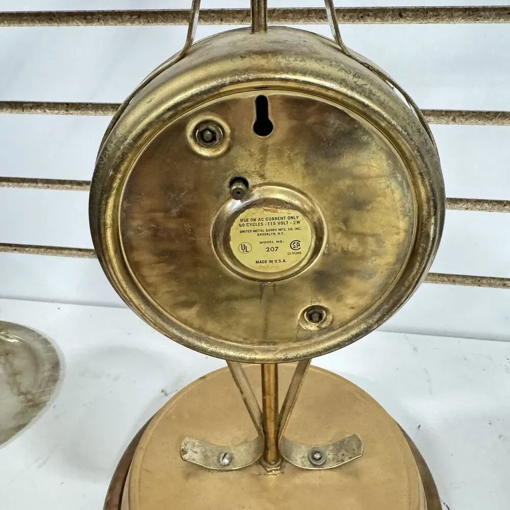 Vintage United Metal Goods Mfg. Scale Of Justice Electric Table Top Clock No 207